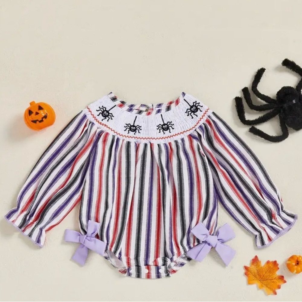 Striped Baby Romper with Spider Embroidery